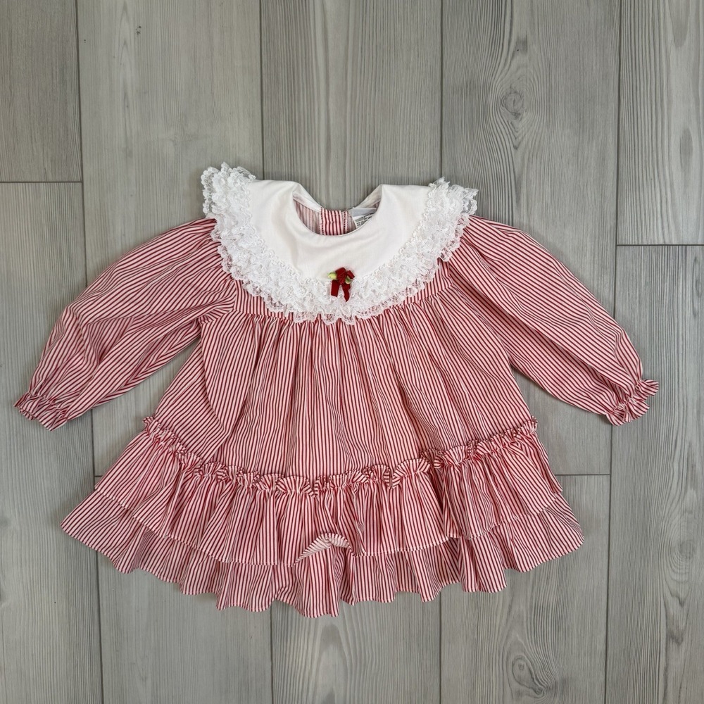 Vintage Bryan 1990s Baby Girl Dress Lace Collar Red & White Stripes 24M